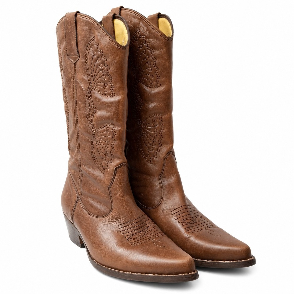 Vtg STEVE MADDEN Western Cowboy Boots Womens Sz 11 Brown Distressed Embroidered